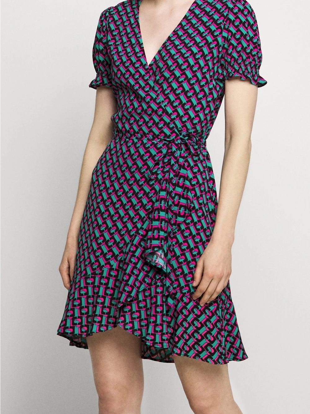 Diane Von Furstenberg Teal & Pink Geometric Wrap Mini Dress